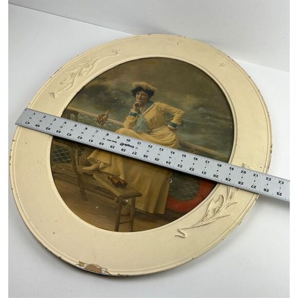 Antique Victorian Woman Photograph in Wooden Oval Embossed Floral Frame 26x22in - Picture 10 of 11